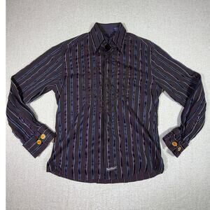 English Laundry Men's Medium Brown Striped Floral Embroidered Button Front Shirt